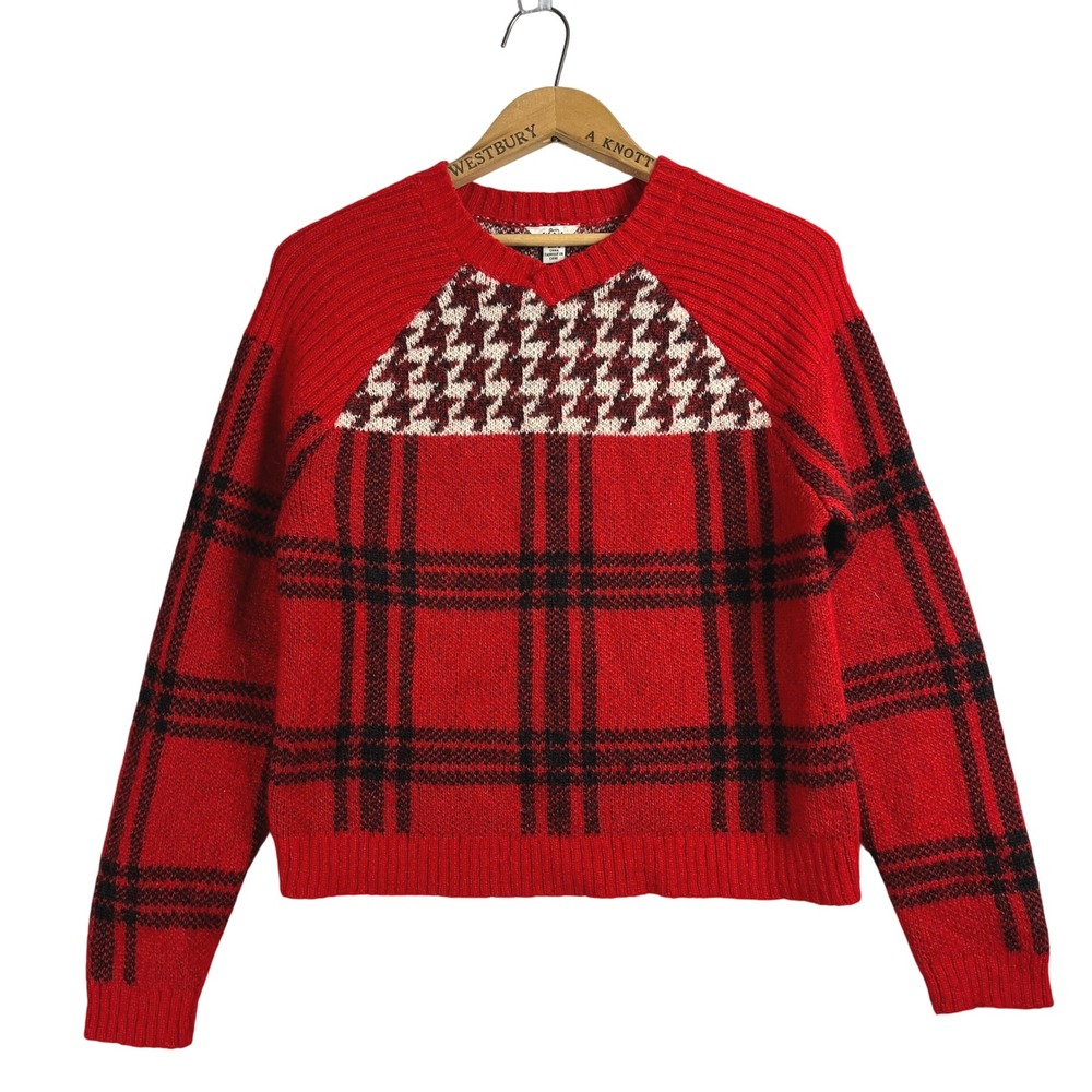 Woolrich Sweater Womens Small Plaid Houndstooth Red Knit Pullover Academia Wool